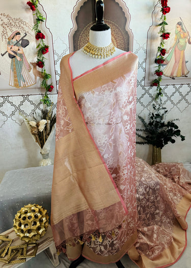 Kora Silk Sari from Banaras | Dull Pink | Gold Zari | Handwoven | Ships from California